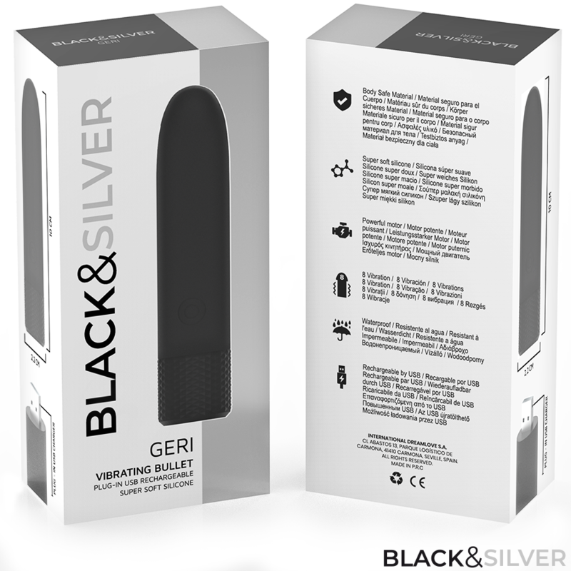 NEGRO Y PLATA - GERI USB RECARREGÁVEL VIBRATÓRIA BULLET 8 VIBRAÇÕES PRETO 10 X 2,2 CM