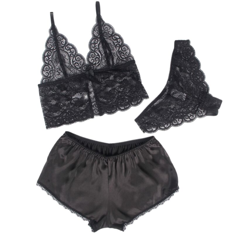 SUBBLIME - 953911 CONJUNTO 3 PEÇAS RENDA E CETIM PRETO S/M