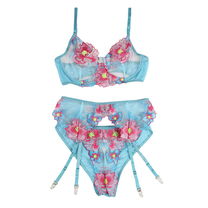 SUBBLIME - 954116 SUTIÃ + CUECA COM LIGUEIRO DESIGN FLORAL AZUL L/XL