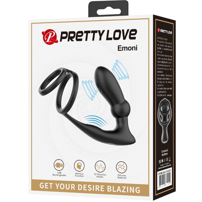 Pretty Love - Anel Peniano Emoni + Plug Anal 12 Vibraciones Negro