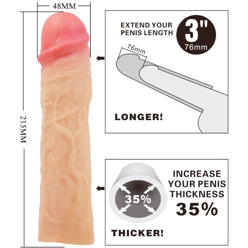 Manga de pene Derek con extensión de 7,6 cm de carne