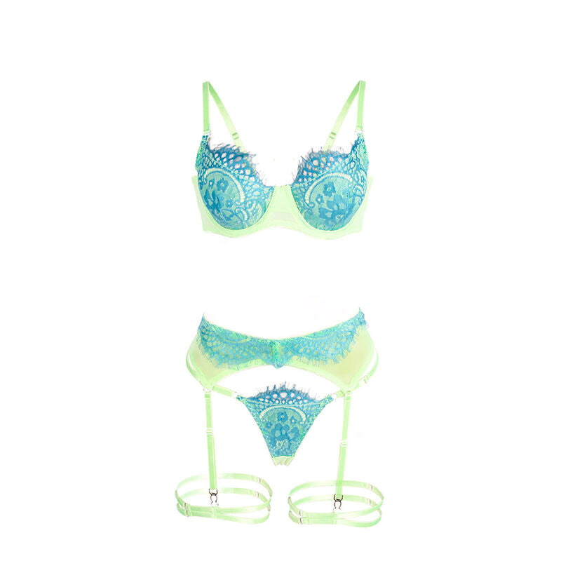 SUBBLIME - 955328 CONJUNTO SUTIÃ COM RENDA E LIGUEIROS VERDE E AZUL L/XL