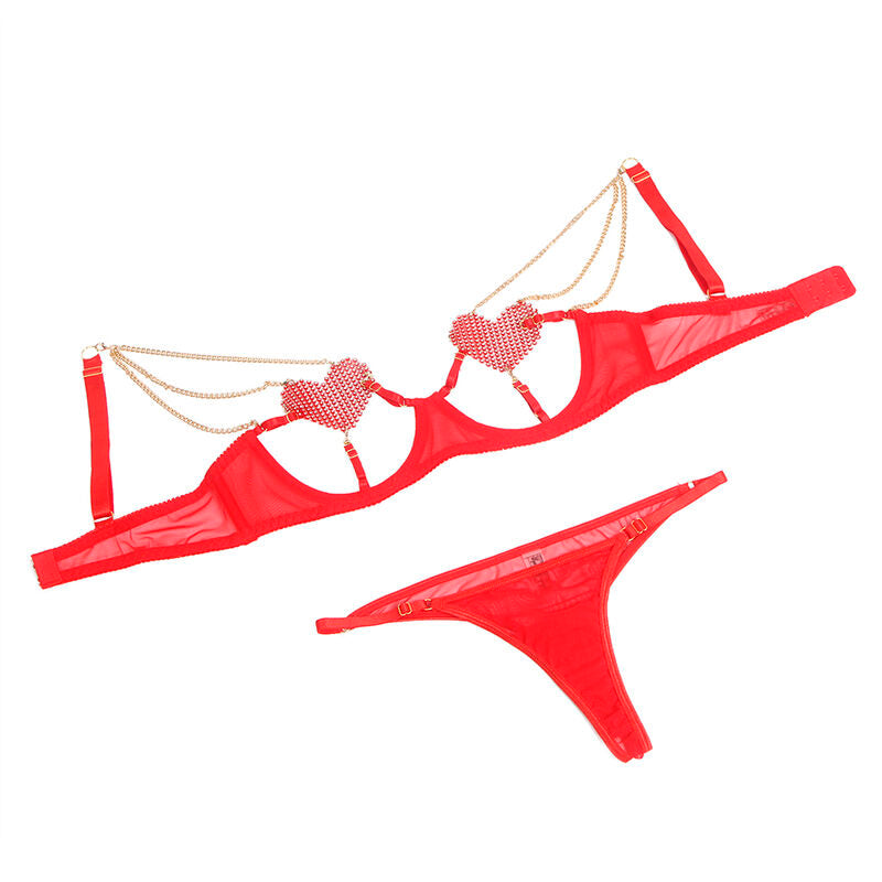 SUBBLIME - 955526 CONJUNTO SUTIÃ COM CORRENTES E CORAÇÃO EM REDE VERMELHO L/XL