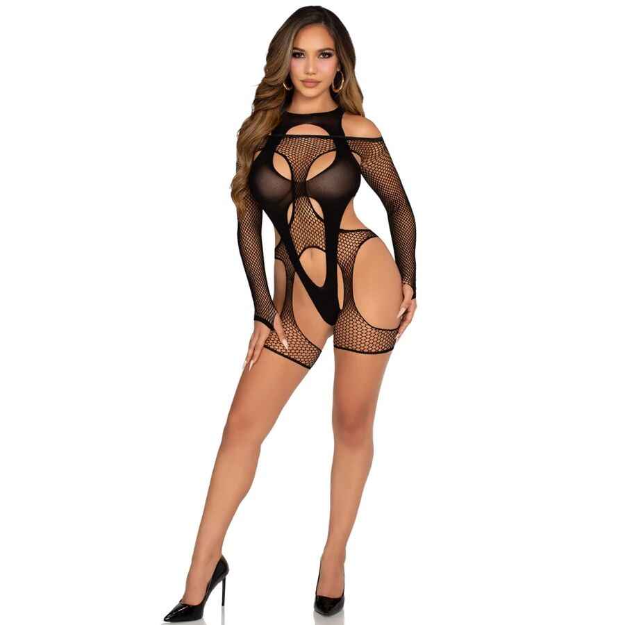 LEG AVENUE - BODYSTOCKING DE REDE COM CINTA-LIGA E ARNÊS PRETO
