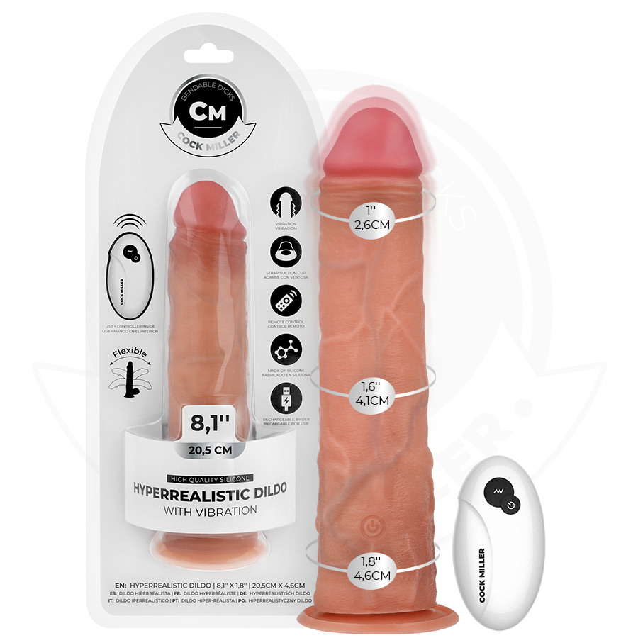 COCK MILLER - DILDO REALISTA COM VENTOSA E CONTROLE REMOTO VIBRAÇÃO 20,5 CM