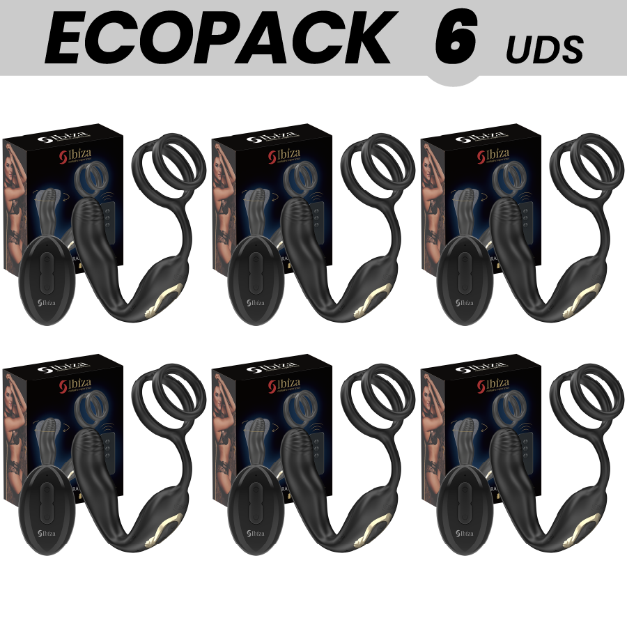 ECOPACKS 6 UNIDADES - IBIZA WIGGLE PLUG ANAL GIRATÓRIO COM CONTROLE REMOTO, VIBRAÇÃO PERINEAL E ANÉIS PARA AUMENTO DO PÊNIS