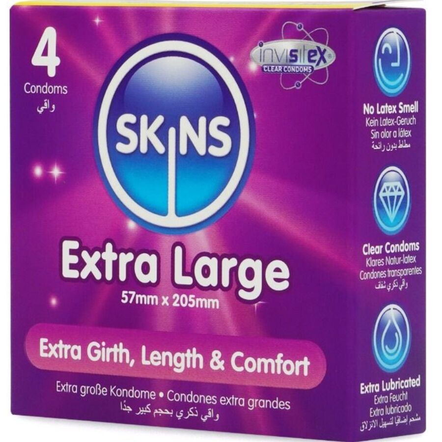 SKINS - PRESERVATIVOS EXTRA GRANDE PREMIUM PACOTE 4