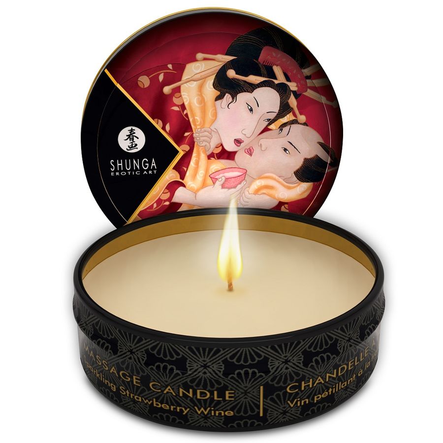 SHUNGA - MINI CARESS BY CANDELIGHT VELA DE MASSAGEM MORANGOS E CHAMPANHE 30 ML - Sex Shop Sexy