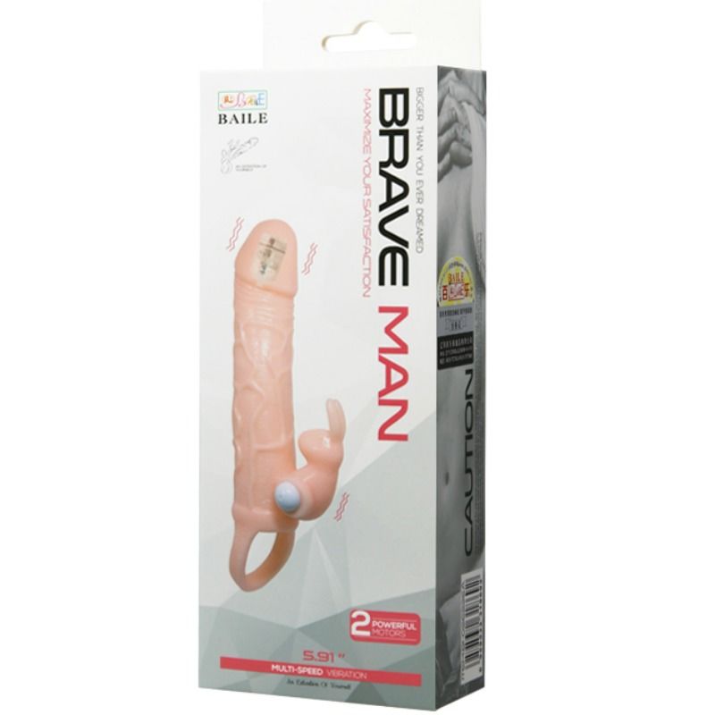 BAILE - BRAVE MAN CAPA PARA PÊNIS COM RABBIT VIBRADOR 16.5 CM NATURAL - Sex Shop Sexy