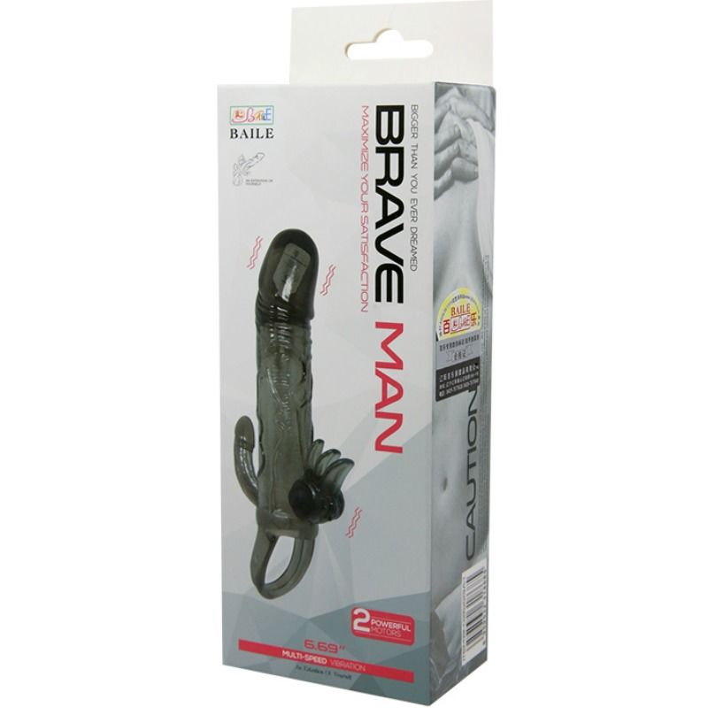 BAILE - CAPA PARA PÉNIS BRAVE MAN CON ESTIMULACIÓN CLITORIAL Y ANAL DOBLE BALA NEGRA 16.5 CM