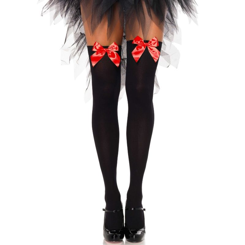 LEG AVENUE - COXAS EN NYLON NEGRO CON LAZO ROJO TALLA ÚNICA