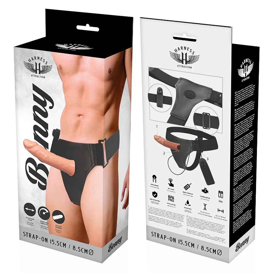 ARNÉS ATRACCIÓN - RNES HOLLOW BENNY CON VIBRADOR 15 CM -O- 4.5 CM