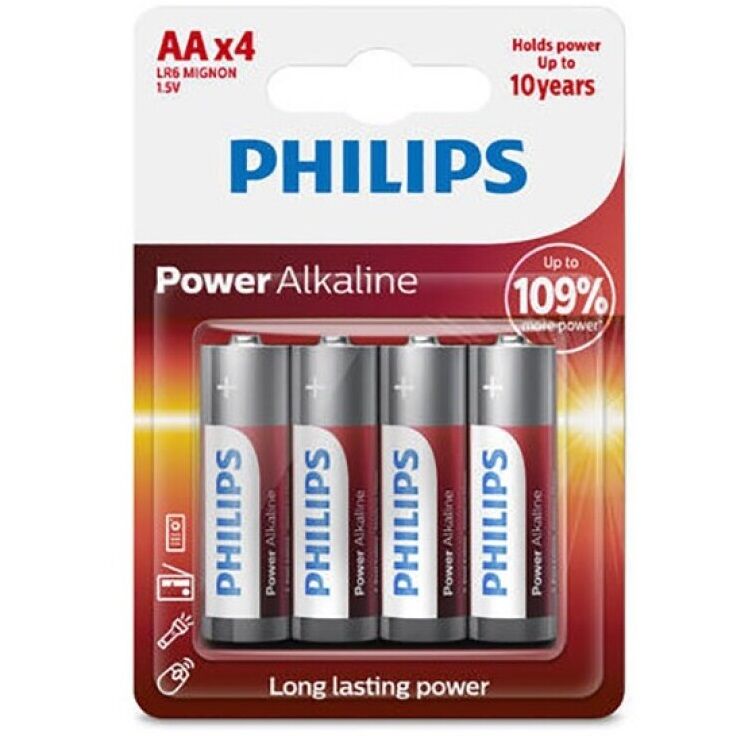 Philips - Batería Alcalina Power AA LR6 Pack de 4