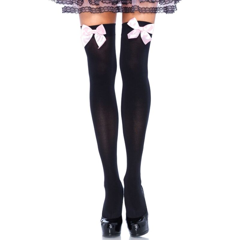 LEG AVENUE - COXAS EN NYLON NEGRO CON LAZO ROSA TALLA ÚNICA